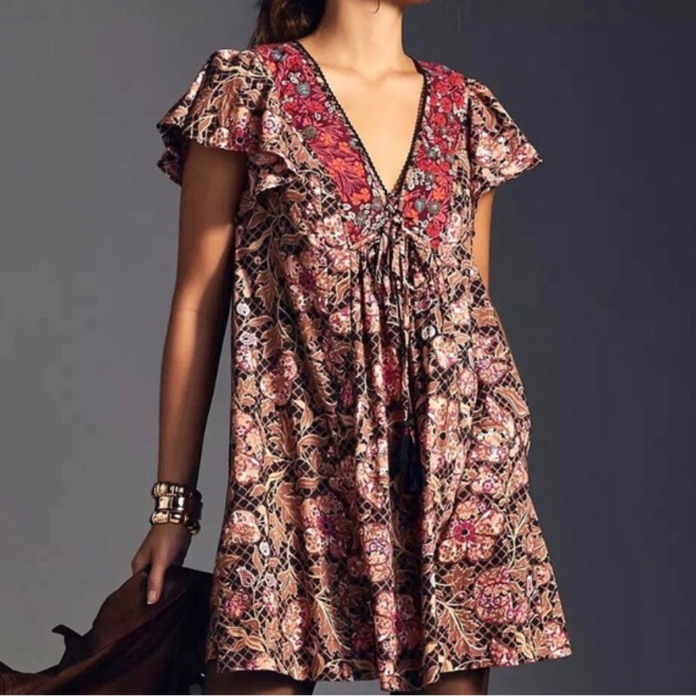 Anthropologie Astrid Flutter Sleeve V-Neck Printed Mini Dress